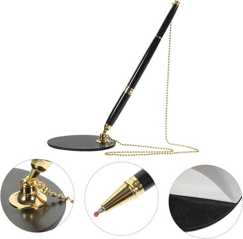 Healifty Business Signature Pen with Adhesive Chain and Vertical Stand Multi Function Writing Pen for Bank Counters and Office Use Abs Stainless Steel Quick Drying Ink Black with Gold in Saudi Arabia