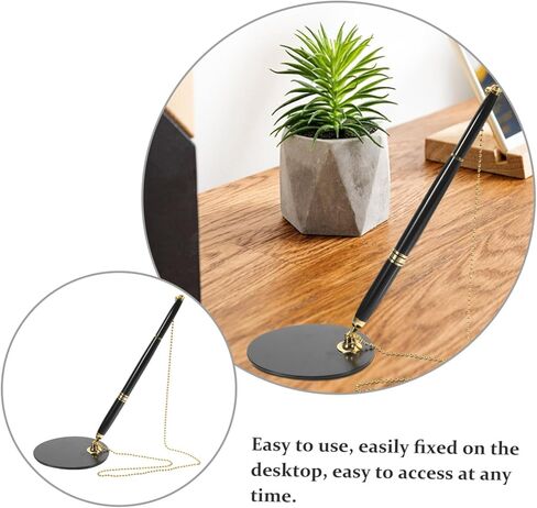 Healifty Business Signature Pen with Adhesive Chain and Vertical Stand Multi Function Writing Pen for Bank Counters and Office Use Abs Stainless Steel Quick Drying Ink Black with Gold in Saudi Arabia