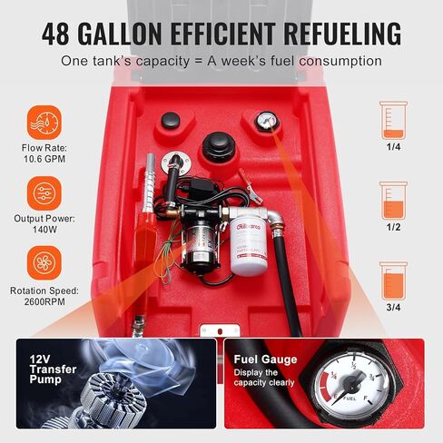 VEVOR Portable Diesel & Gasoline Tank, 48 Gallon, 10.6GPM Flow Rate, Diesel Fuel Tank with 12V Electric Transfer Pump, 13.1ft Hose, Auto Fueling Nozzle, Transfer Tank for Easy Fuel Transportation, Red in Saudi Arabia