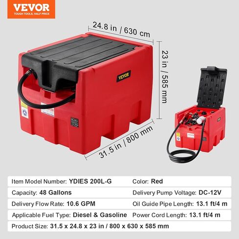 VEVOR Portable Diesel & Gasoline Tank, 48 Gallon, 10.6GPM Flow Rate, Diesel Fuel Tank with 12V Electric Transfer Pump, 13.1ft Hose, Auto Fueling Nozzle, Transfer Tank for Easy Fuel Transportation, Red in Saudi Arabia