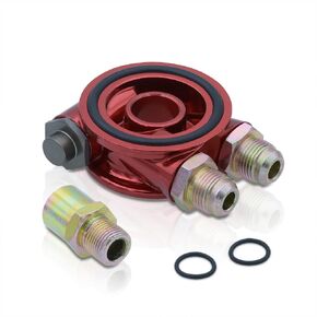 AJP Distributors Upgrade JDM Universal 3/4-16 UNF Car Engine Oil Filter Cooler Relocator Sandwich Adapter Plate Kit 10AN AN10 Fitting + Thermostat Control Aluminum Anodized Red in Kuwait