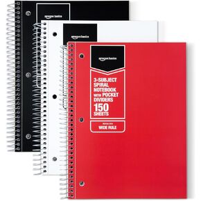 Amazon Basics Wide Ruled Spiral Notebook for College, 3-Subject with Pocket Divider, 150 Sheets, 10.5 x 8 inches, Assorted Primary Colors, 3 Pack in Saudi Arabia