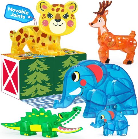 Oriate Jungle Animal Toys for Magnetic Tiles, 5pcs Movable Joints Forest Magnetic Animals for Magnet Building Tiles, Educational Zoo Animals Compatible with Kids Magnetic Blocks in Saudi Arabia