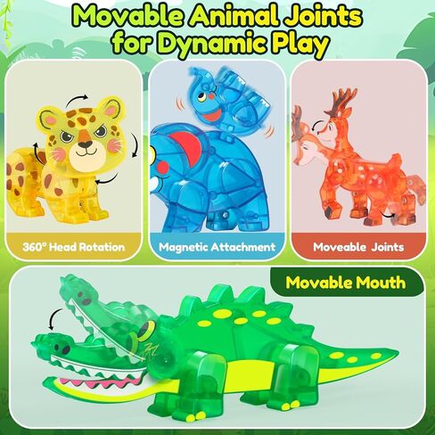 Oriate Jungle Animal Toys for Magnetic Tiles, 5pcs Movable Joints Forest Magnetic Animals for Magnet Building Tiles, Educational Zoo Animals Compatible with Kids Magnetic Blocks in Saudi Arabia