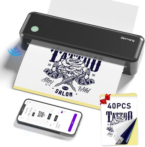 Wireless Tattoo Transfer Stencil Printer, Portable Thermal Tattoo Machine for Tattoo Beginners with 40pcs Stencil Paper, Compatible with Smartphone & PC, Rechargeable & Inkless, Black in Saudi Arabia