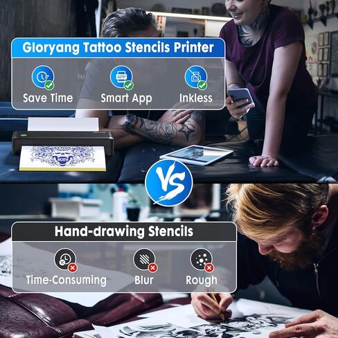 Wireless Tattoo Transfer Stencil Printer, Portable Thermal Tattoo Machine for Tattoo Beginners with 40pcs Stencil Paper, Compatible with Smartphone & PC, Rechargeable & Inkless, Black in Saudi Arabia