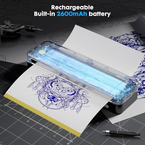 Wireless Tattoo Transfer Stencil Printer, Portable Thermal Tattoo Machine for Tattoo Beginners with 40pcs Stencil Paper, Compatible with Smartphone & PC, Rechargeable & Inkless, Black in Saudi Arabia