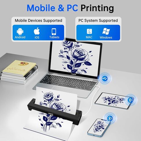 طابعة وشم استنسل للمبتدئين والفنانين، آلة طباعة وشم حرارية لاسلكية مع 10 قطع من الورق الحراري و3 قطع من أوراق النقل، آلة وشم محمولة، تدعم Android وiOS وWindows وMacOS in Kuwait