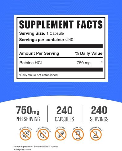BULKSUPPLEMENTS.COM Betaine HCl Capsules - 1 Betaine Capsule per Serving (750mg) (180 Capsules) in Kuwait