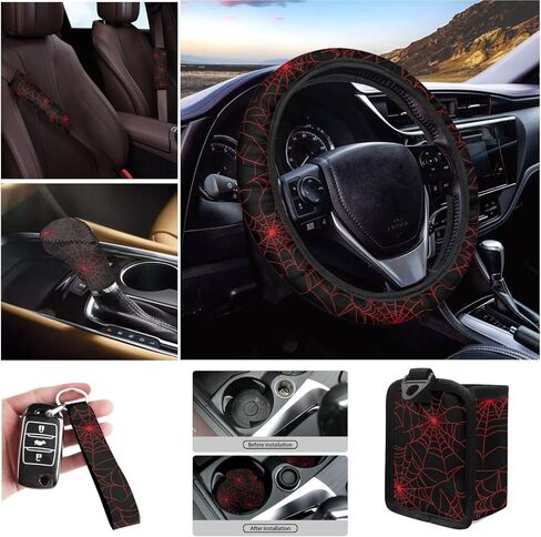 Leopard Print Car Interior Accessories Set 10 Pcs Black 15 Inch Steering Wheel Cover,Air Vent Storage,Cup Holder,Shift Cover and Handbrake Protector Gift for Friends in Kuwait