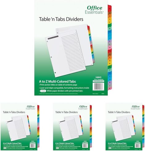فواصل طاولات Office Essentials، 8-1/2 بوصة × 11 بوصة، علامة تبويب A-Z، علامة تبويب متعددة الألوان، ليزر/نفث الحبر، 3 مجموعات (24843) in Kuwait