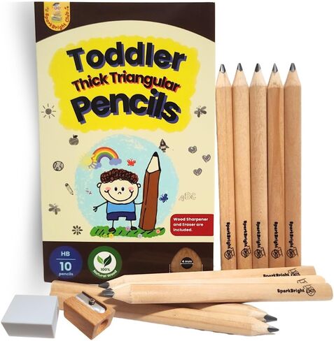 Thick Fat Jumbo Triangular Pencils for Hand Writing Drawing, Age 2+, Preschoolers, Early Learners, and those with Special Needs. Sets of 10 natural wood pencils with a wood sharpener and eraser. in Saudi Arabia