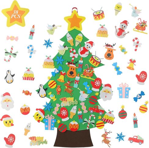 شجرة عيد الميلاد من اللباد من توبيهاير - شجرة عيد الميلاد من اللباد على الحائط 3.1 قدم للاطفال مع 30 قطعة من الحلي، هدايا الكريسماس بنفسك لتزيين الكريسماس in Kuwait