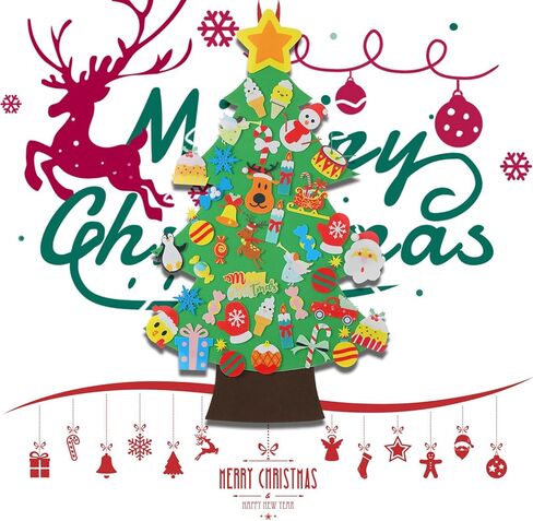 شجرة عيد الميلاد من اللباد من توبيهاير - شجرة عيد الميلاد من اللباد على الحائط 3.1 قدم للاطفال مع 30 قطعة من الحلي، هدايا الكريسماس بنفسك لتزيين الكريسماس in Kuwait