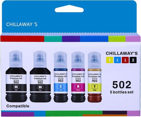مجموعة زجاجات إعادة تعبئة الحبر المتوافقة مع 502 من CHILLAWAY، حبر بديل لـ ET-2850، ET-3830، ET-3760، ET-15000 والمزيد حزمة متعددة الألوان (أسود، سماوي، أرجواني، أصفر) in Saudi Arabia
