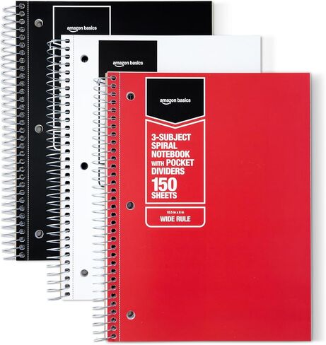 Amazon Basics Wide Ruled Spiral Notebook for College, 3-Subject with Pocket Divider, 150 Sheets, 10.5 x 8 inches, Assorted Primary Colors, 3 Pack in Saudi Arabia