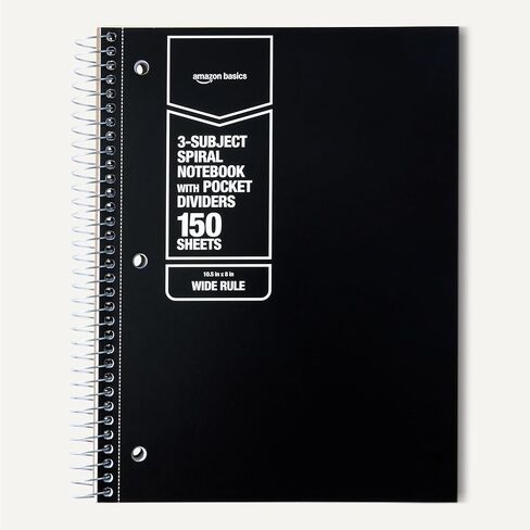 Amazon Basics Wide Ruled Spiral Notebook for College, 3-Subject with Pocket Divider, 150 Sheets, 10.5 x 8 inches, Assorted Primary Colors, 3 Pack in Saudi Arabia