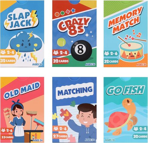 مجموعة ألعاب بطاقات الأطفال 6 في 1 من GSE: Go Fish، Old Maid، Crazy Eights، Memory Match، Slap Jack، Matching | مجموعة بحجم السفر للأطفال الصغار والأولاد والبنات من عمر 3 سنوات فما فوق | هدايا سلة عيد الفصح in Saudi Arabia