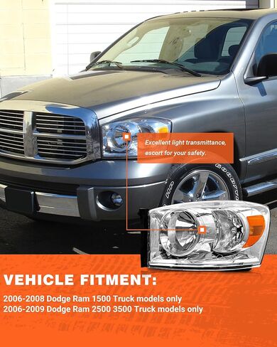 2006-2008 Dodge Ram Headlights Assembly for 2006 2007 2008 Dodge Ram 1500/2006 2007 2008 2009 Dodge Ram 2500 3500 Chrome Housing Amber Reflector Replacement Driver and Passenger Side in Kuwait