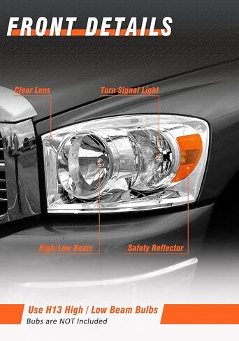 2006-2008 Dodge Ram Headlights Assembly for 2006 2007 2008 Dodge Ram 1500/2006 2007 2008 2009 Dodge Ram 2500 3500 Chrome Housing Amber Reflector Replacement Driver and Passenger Side in Kuwait