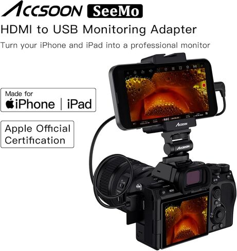 Accsoon SeeMo 4K HDMI Adapter, 4K 30FPS /1080p 60FPS Video Transmission System for iOS12 or Later, Support Video & Real-Time Monitoring/Live Streaming/Recording/Sharing, SD Card Reader in Kuwait