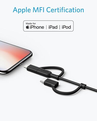 Anker Powerline II 3-in-1 Lightning, USB C, Micro USB Cable | Compatible with iPhone, iPad, Huawei, HTC, LG, Samsung, Sony Xperia, Android Devices, and More in Kuwait