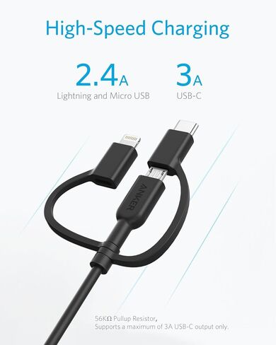 Anker Powerline II 3-in-1 Lightning, USB C, Micro USB Cable | Compatible with iPhone, iPad, Huawei, HTC, LG, Samsung, Sony Xperia, Android Devices, and More in Kuwait