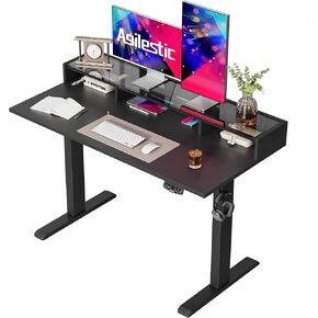 مكتب قائم من الزجاج Agilestic مع مساحة تخزين، مكتب كهربائي قابل للتعديل مقاس 48 بوصة مع رف زجاجي، طاولة كمبيوتر مكتبية للجلوس والوقوف في المنزل، لوحة توصيل، أبيض in Kuwait