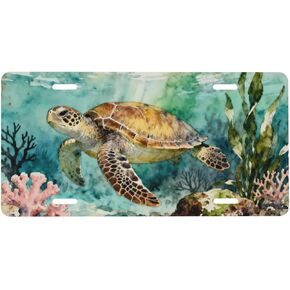 Sea Turtle Coral Seaweed Seabed Front License Plate Car Decorative License Plates Aluminum Metal Decor Accessory Novelty Vanity Tag Cover with 4 Holes for Men Women 6" X 12" in Kuwait
