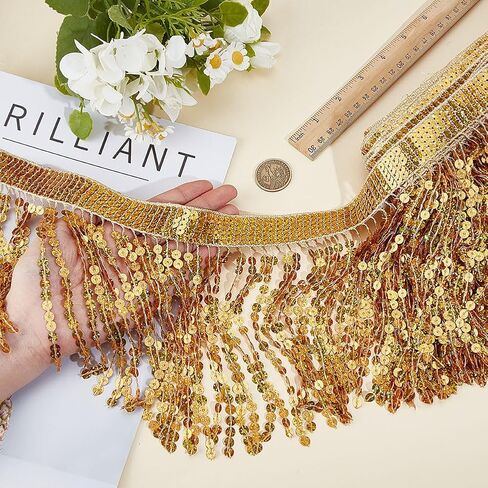 MAYJOYDIY 11 Yards Gold Sequins Fringe Trim 6.69 Inch Sparkling Fringe Tassel Trimming Sequin Tassels Sewing Decoration for Latin Dress Stage Costume Sewing Crafts Party Decoration in Saudi Arabia