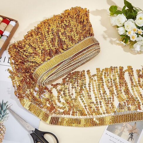 MAYJOYDIY 11 Yards Gold Sequins Fringe Trim 6.69 Inch Sparkling Fringe Tassel Trimming Sequin Tassels Sewing Decoration for Latin Dress Stage Costume Sewing Crafts Party Decoration in Saudi Arabia