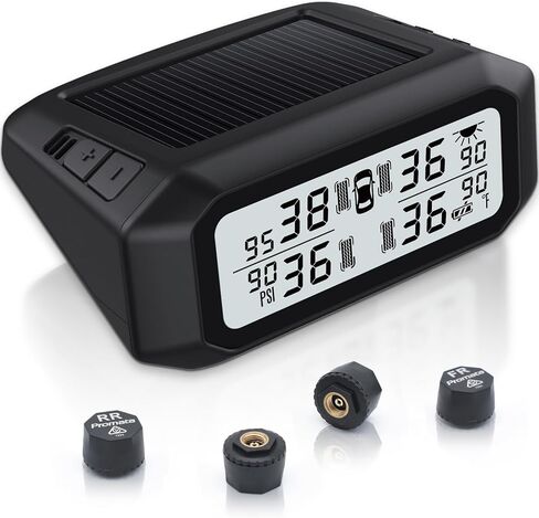 نظام مراقبة ضغط الإطارات من بروماتا RV، TPMS لاسلكي مقاوم للحرارة يعمل بالطاقة الشمسية مع 4 أجهزة استشعار و6 أوضاع تنبيه، شاشة LCD شفافة لحماية العين للسفر والتخييم المنزلي للسيارة RV in Kuwait