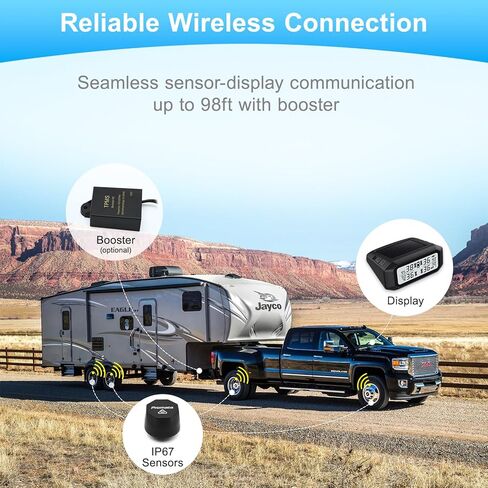 نظام مراقبة ضغط الإطارات من بروماتا RV، TPMS لاسلكي مقاوم للحرارة يعمل بالطاقة الشمسية مع 4 أجهزة استشعار و6 أوضاع تنبيه، شاشة LCD شفافة لحماية العين للسفر والتخييم المنزلي للسيارة RV in Kuwait