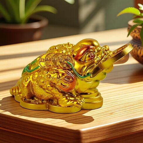 Feng Shui Three Legged Money Toad with Coin, Gold Fortune Frog for Wealth & Prosperity, Resin Abundance Decor for Home Office Desk, Chinese Lucky Gift (Sand Color) in Saudi Arabia