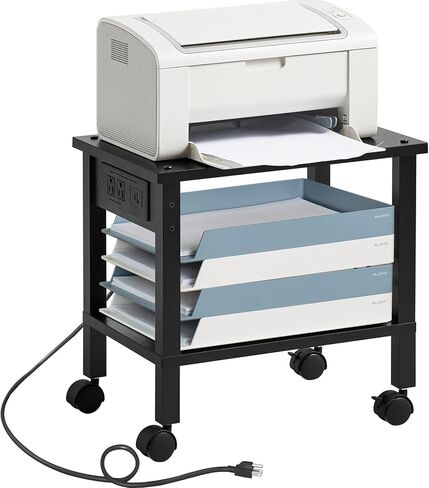Lerliuo Under Desk Printer Stand with Charging Station, 2 Tier Wooden Small Printer Table with Storage, Rolling Printer Cart Shelf with Lockable Wheels for Home, Office (White) in Saudi Arabia