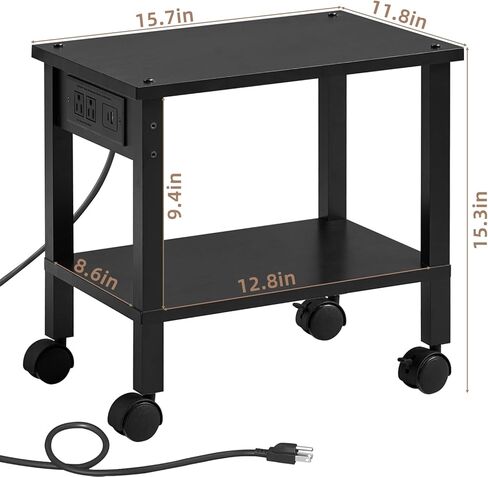 Lerliuo Under Desk Printer Stand with Charging Station, 2 Tier Wooden Small Printer Table with Storage, Rolling Printer Cart Shelf with Lockable Wheels for Home, Office (White) in Saudi Arabia