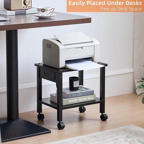 Lerliuo Under Desk Printer Stand with Charging Station, 2 Tier Wooden Small Printer Table with Storage, Rolling Printer Cart Shelf with Lockable Wheels for Home, Office (White) in Saudi Arabia