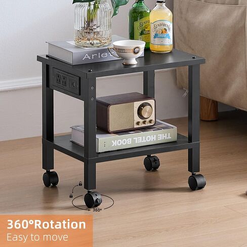 Lerliuo Under Desk Printer Stand with Charging Station, 2 Tier Wooden Small Printer Table with Storage, Rolling Printer Cart Shelf with Lockable Wheels for Home, Office (White) in Saudi Arabia