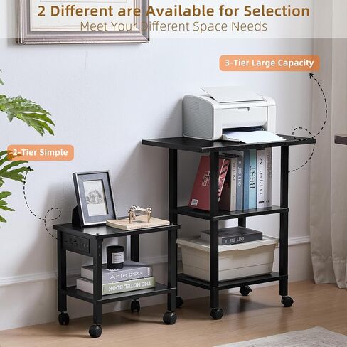 Lerliuo Under Desk Printer Stand with Charging Station, 2 Tier Wooden Small Printer Table with Storage, Rolling Printer Cart Shelf with Lockable Wheels for Home, Office (White) in Saudi Arabia