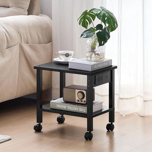 Lerliuo Under Desk Printer Stand with Charging Station, 2 Tier Wooden Small Printer Table with Storage, Rolling Printer Cart Shelf with Lockable Wheels for Home, Office (White) in Saudi Arabia