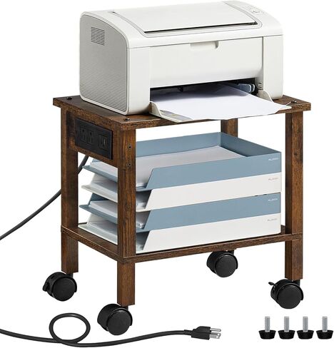 Lerliuo Under Desk Printer Stand with Charging Station, 2 Tier Wooden Small Printer Table with Storage, Rolling Printer Cart Shelf with Lockable Wheels for Home, Office (White) in Saudi Arabia