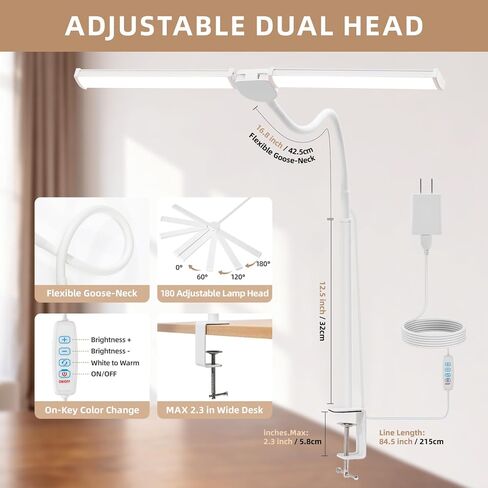 مصباح مكتب LED للمكتب المنزلي، ضوء معماري مزدوج الرأس مع مشبك، مشبك شاشة الكمبيوتر على الضوء، 3 أوضاع و10 سطوع، رقبة أوزة مرنة قابلة للتعديل، مصباح مهام الطاولة، أسود in Kuwait