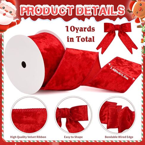 FOIMAS Christmas Red Velvet Ribbon, 2.5 Inch x 10 Yards Wired Velvet Christmas Tree Ribbon with Wired Edge for Xmas Tree Topper Bow Making Gift Wrapping Xmas Decoration Crafts in Saudi Arabia