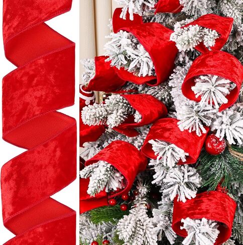 FOIMAS Christmas Red Velvet Ribbon, 2.5 Inch x 10 Yards Wired Velvet Christmas Tree Ribbon with Wired Edge for Xmas Tree Topper Bow Making Gift Wrapping Xmas Decoration Crafts in Saudi Arabia