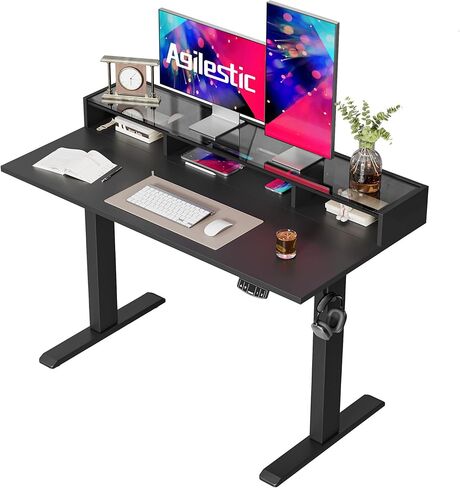 مكتب قائم من الزجاج Agilestic مع مساحة تخزين، مكتب كهربائي قابل للتعديل مقاس 48 بوصة مع رف زجاجي، طاولة كمبيوتر مكتبية للجلوس والوقوف في المنزل، لوحة توصيل، أبيض in Kuwait