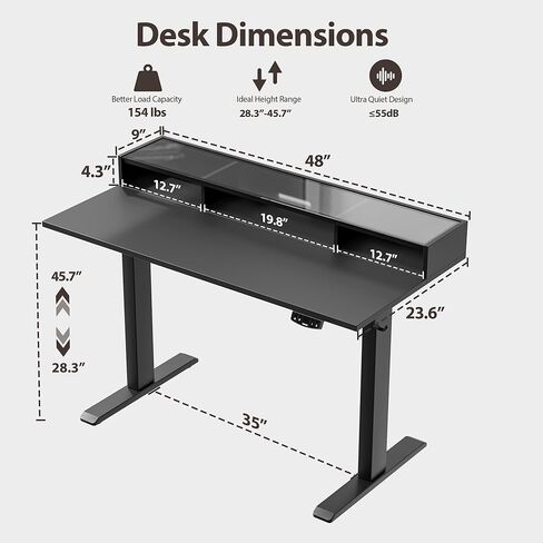 مكتب قائم من الزجاج Agilestic مع مساحة تخزين، مكتب كهربائي قابل للتعديل مقاس 48 بوصة مع رف زجاجي، طاولة كمبيوتر مكتبية للجلوس والوقوف في المنزل، لوحة توصيل، أبيض in Kuwait
