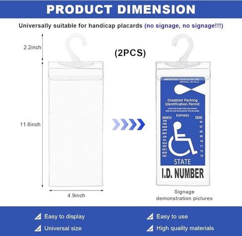 2 PCS Handicap Placard Holder, 11.6"×5" Disabled Parking Permit Sign Protector with Large Hanger, Ultra Transparent PVC Sleeve Handicapped Placard Holder for Rear View Mirror in Saudi Arabia
