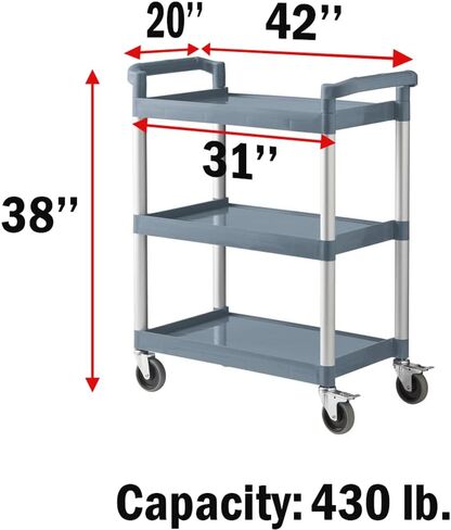 3-Tier Black Utility Cart | 16'' D x 32'' W | Bussing Service Plastic Cart with Wheels in Saudi Arabia