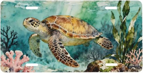 Sea Turtle Coral Seaweed Seabed Front License Plate Car Decorative License Plates Aluminum Metal Decor Accessory Novelty Vanity Tag Cover with 4 Holes for Men Women 6" X 12" in Saudi Arabia