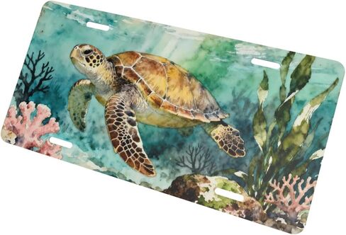 Sea Turtle Coral Seaweed Seabed Front License Plate Car Decorative License Plates Aluminum Metal Decor Accessory Novelty Vanity Tag Cover with 4 Holes for Men Women 6" X 12" in Saudi Arabia